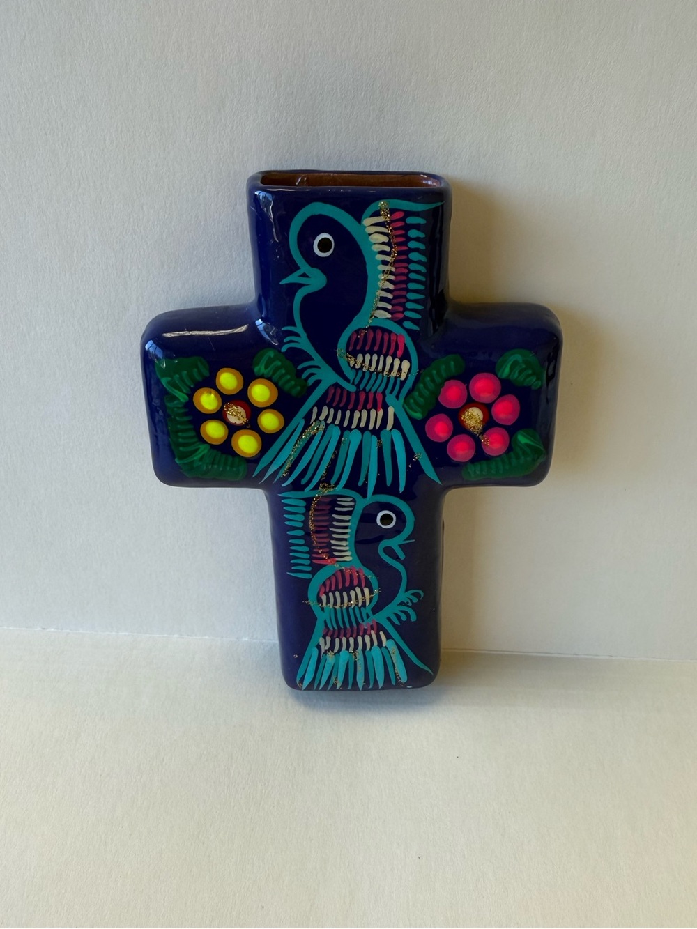 Mexican Glossy Cobalt Blue Talavera Folk Art Cross Wall Pocket w/ Colorful Birds